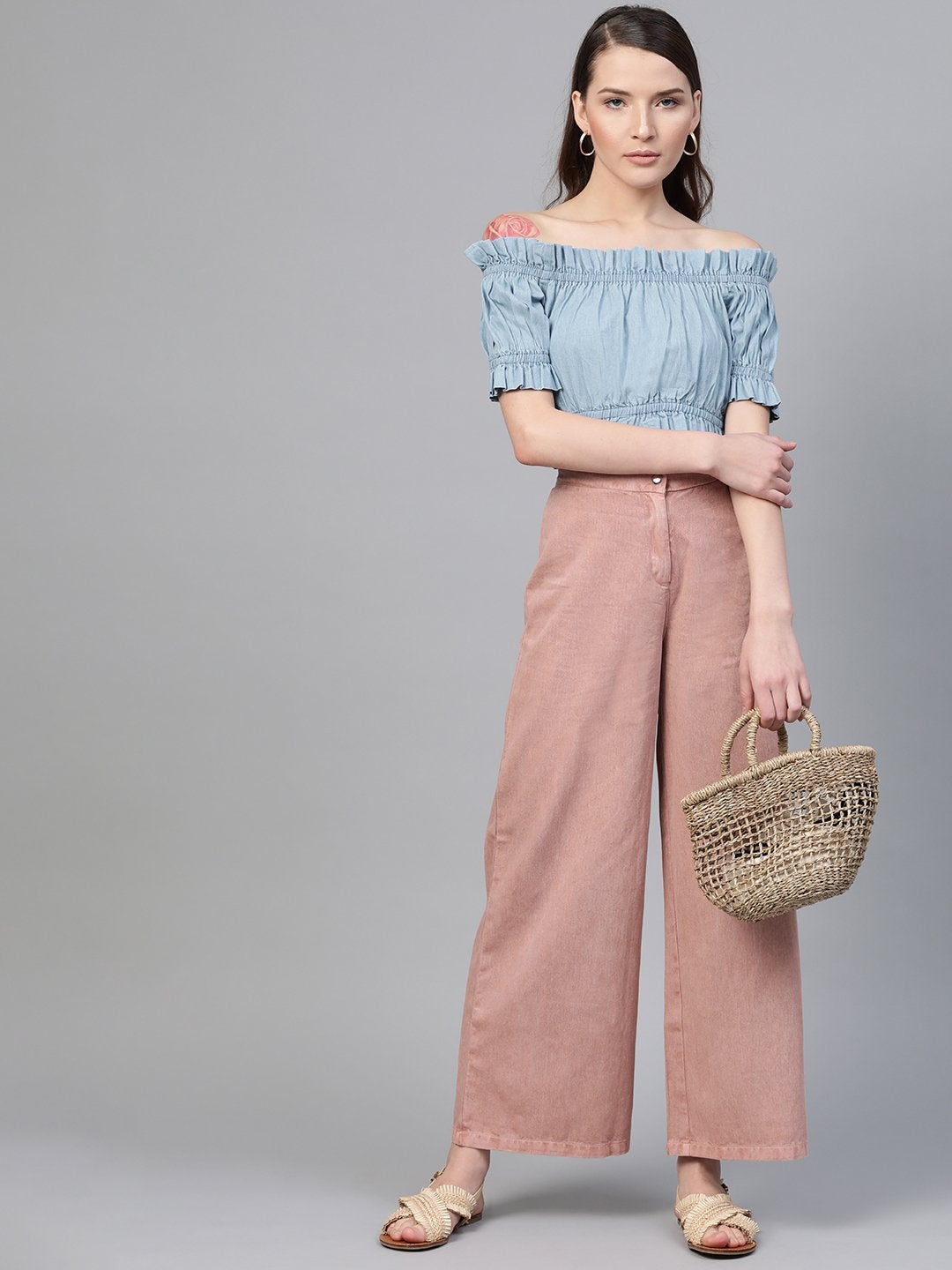 Women's Ice Blue Bardot Denim Crop Top