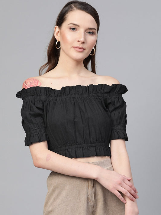 Women's Black Bardot Denim Crop Top