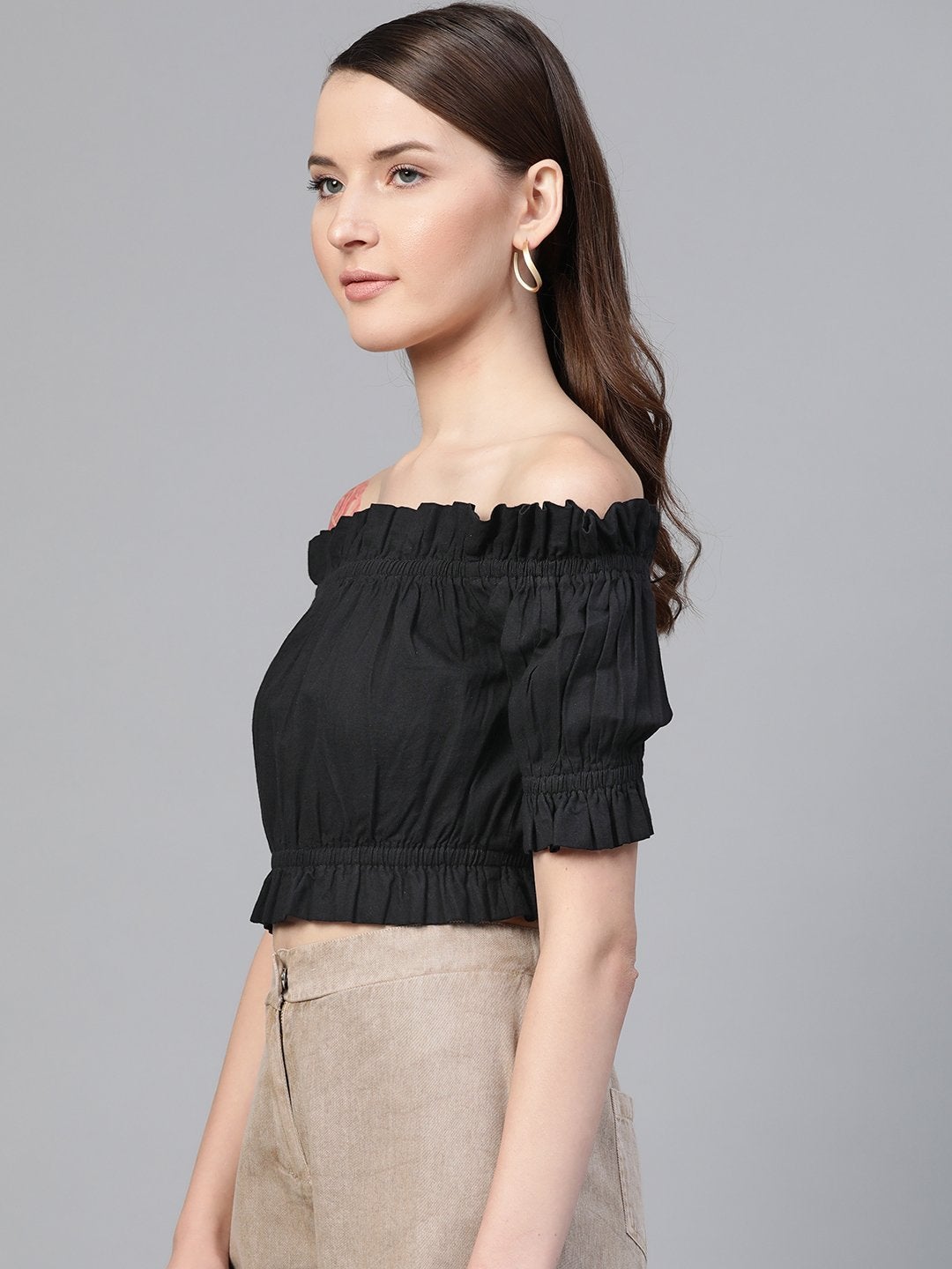Women's Black Bardot Denim Crop Top