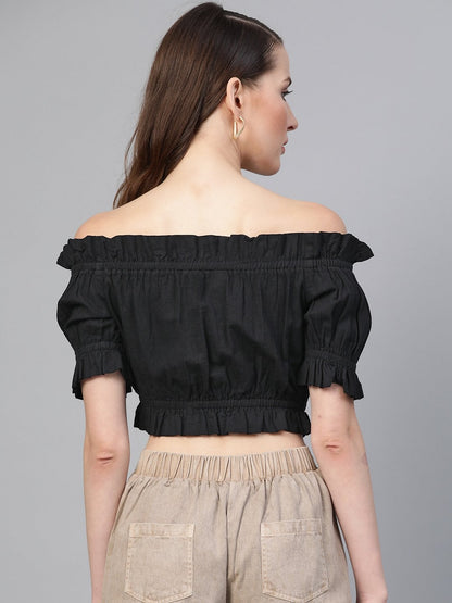Women's Black Bardot Denim Crop Top
