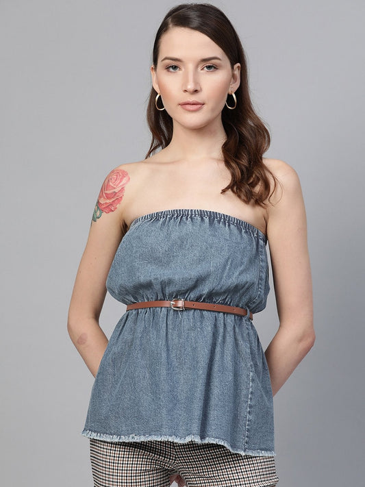 Women's Blue Denim Acid Wash Tube Top