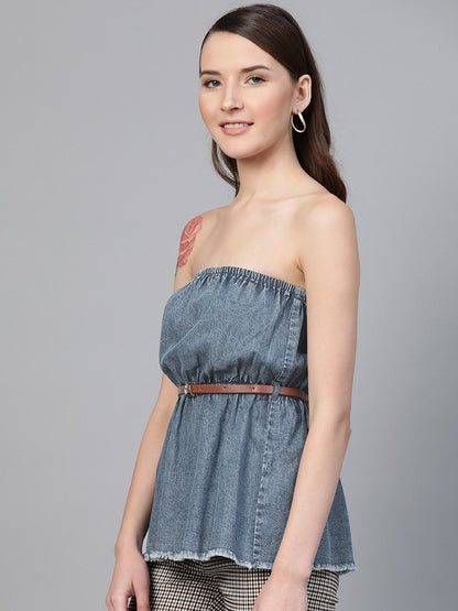 Women's Blue Denim Acid Wash Tube Top