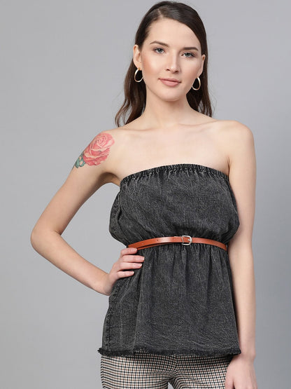 Women's Black Denim Acid Wash Tube Top