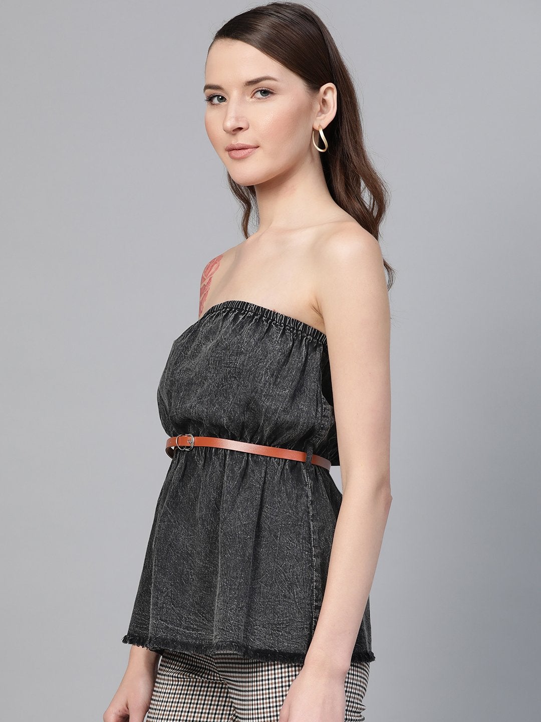 Women's Black Denim Acid Wash Tube Top