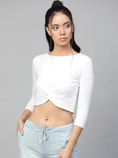 Women's White Rib Twisted Knot Crop Top