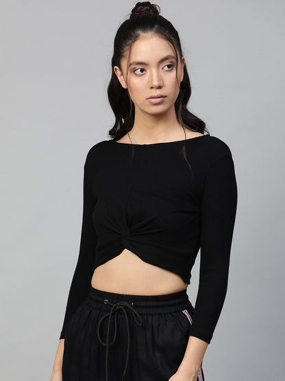 Women's Black Rib Twisted Knot Crop Top