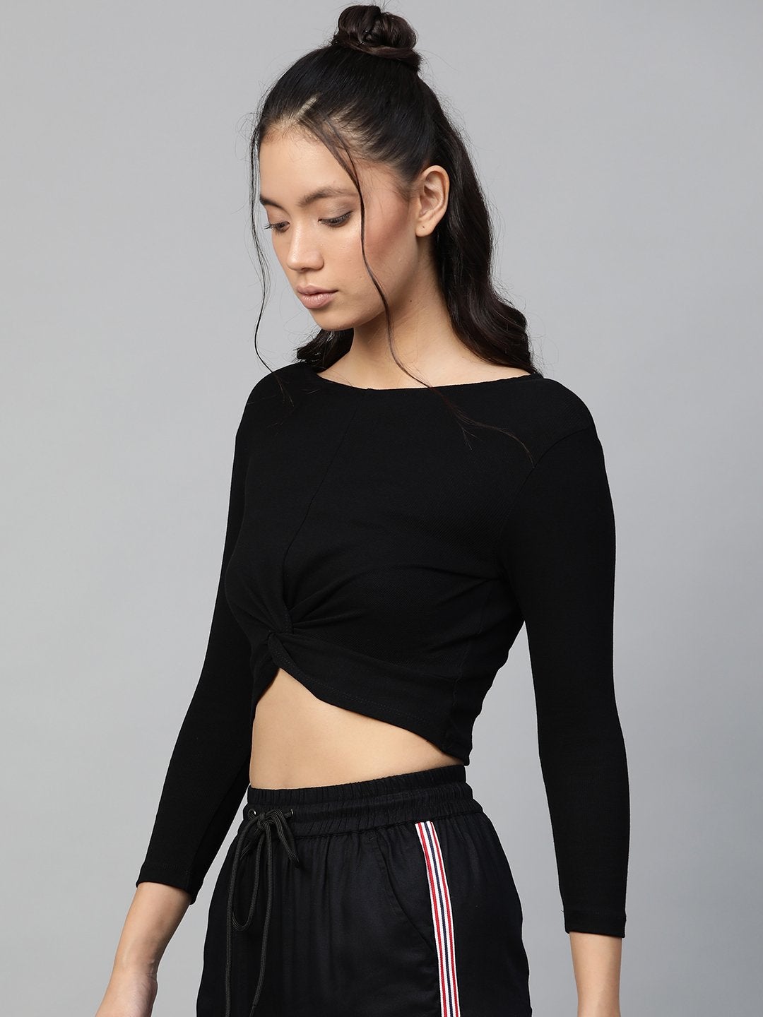 Women's Black Rib Twisted Knot Crop Top