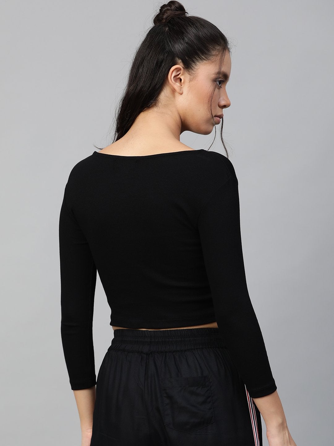 Women's Black Rib Twisted Knot Crop Top