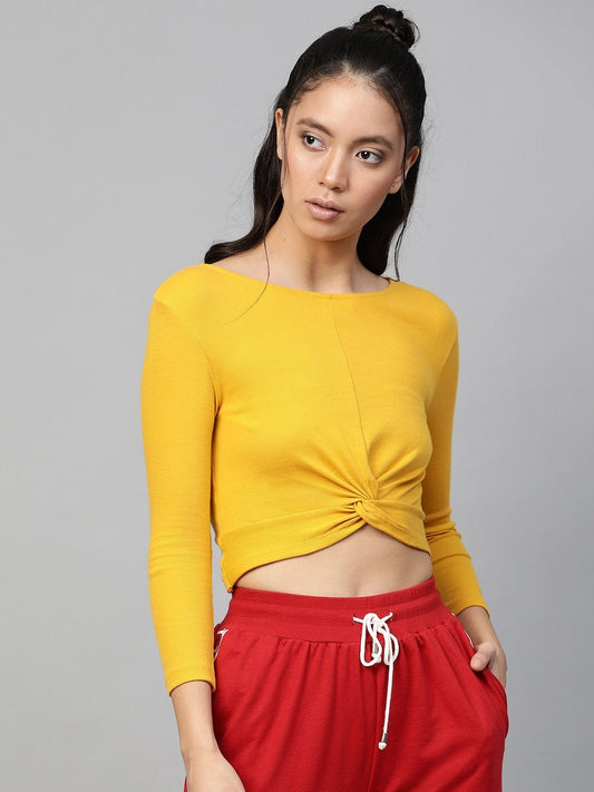 Women's Mustard Rib Twisted Knot Crop Top