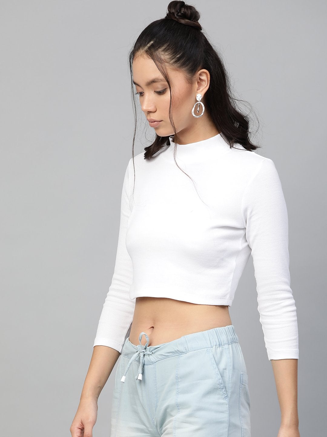Women's White Rib Turtle Neck Crop Top