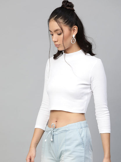 Women's White Rib Turtle Neck Crop Top