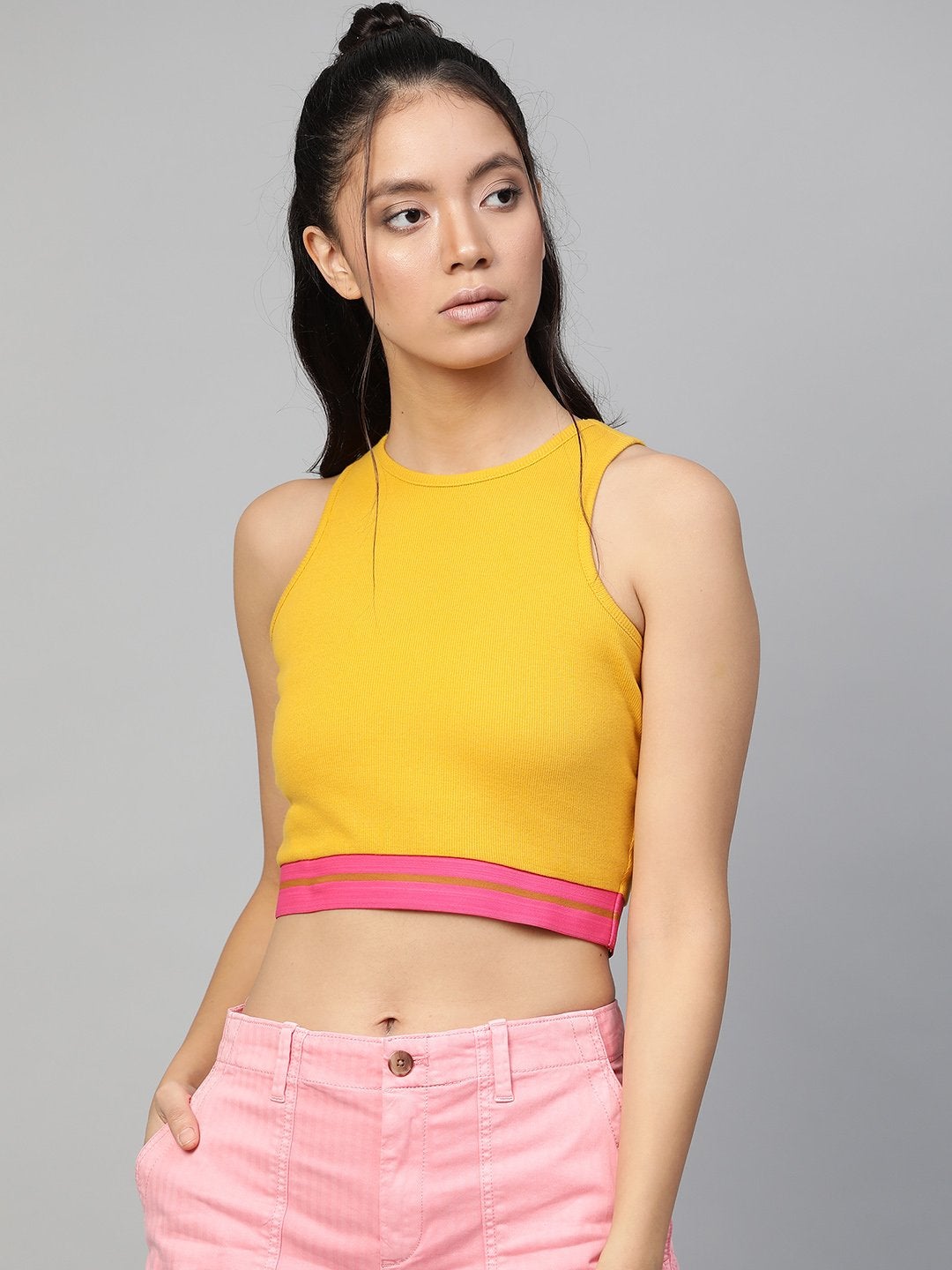 Women's Mustard Rib Contrast Tape Crop Top