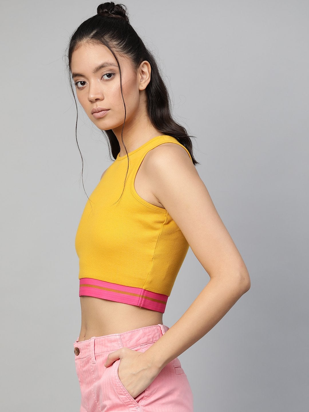 Women's Mustard Rib Contrast Tape Crop Top