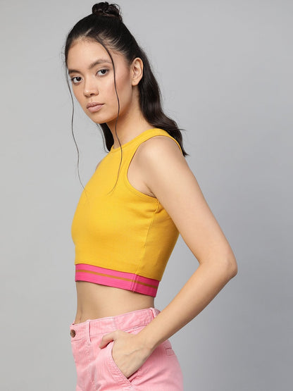 Women's Mustard Rib Contrast Tape Crop Top