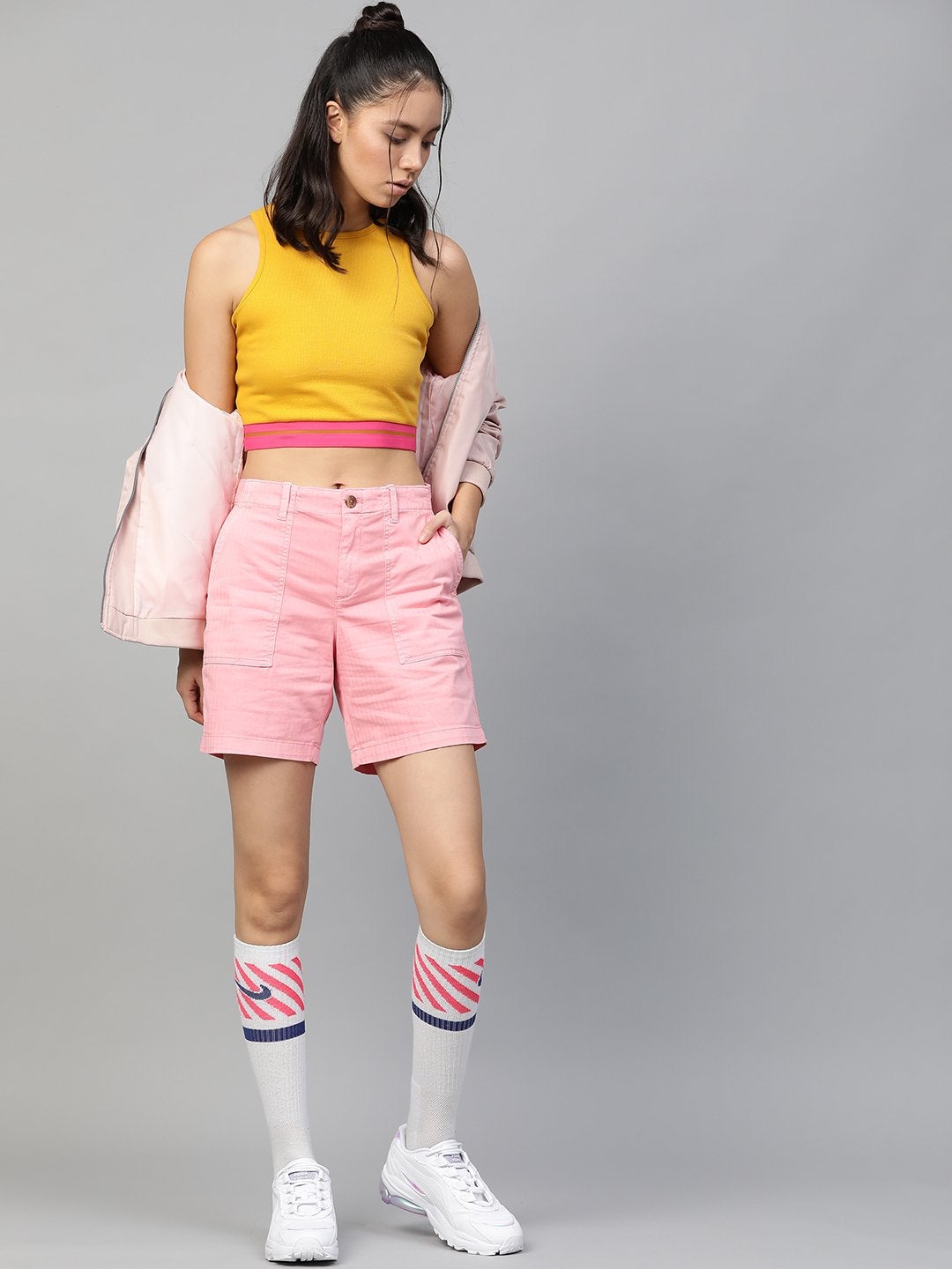 Women's Mustard Rib Contrast Tape Crop Top