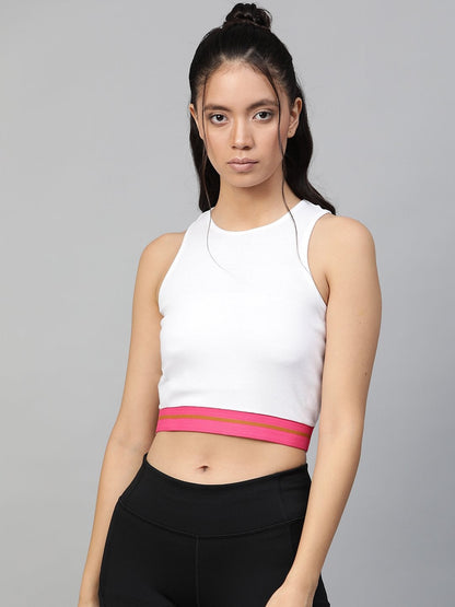 Women's White Rib Contrast Tape Crop Top