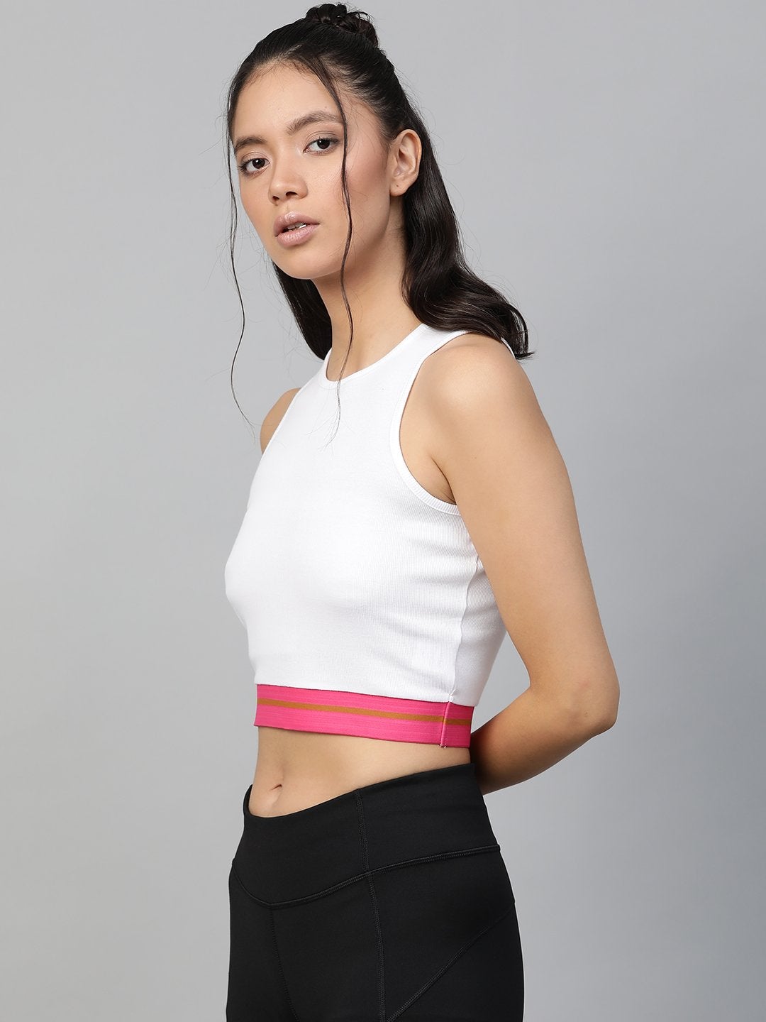 Women's White Rib Contrast Tape Crop Top