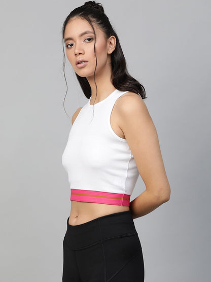 Women's White Rib Contrast Tape Crop Top