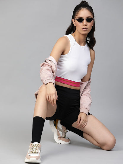 Women's White Rib Contrast Tape Crop Top