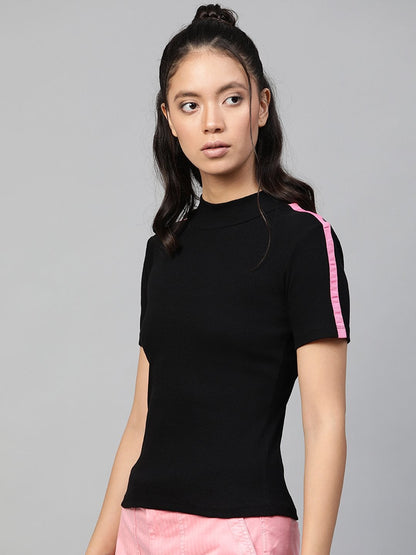 Women's Black Rib High Neck Shoulder Tape Top