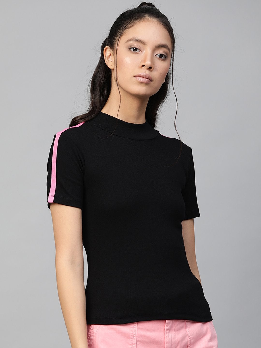 Women's Black Rib High Neck Shoulder Tape Top