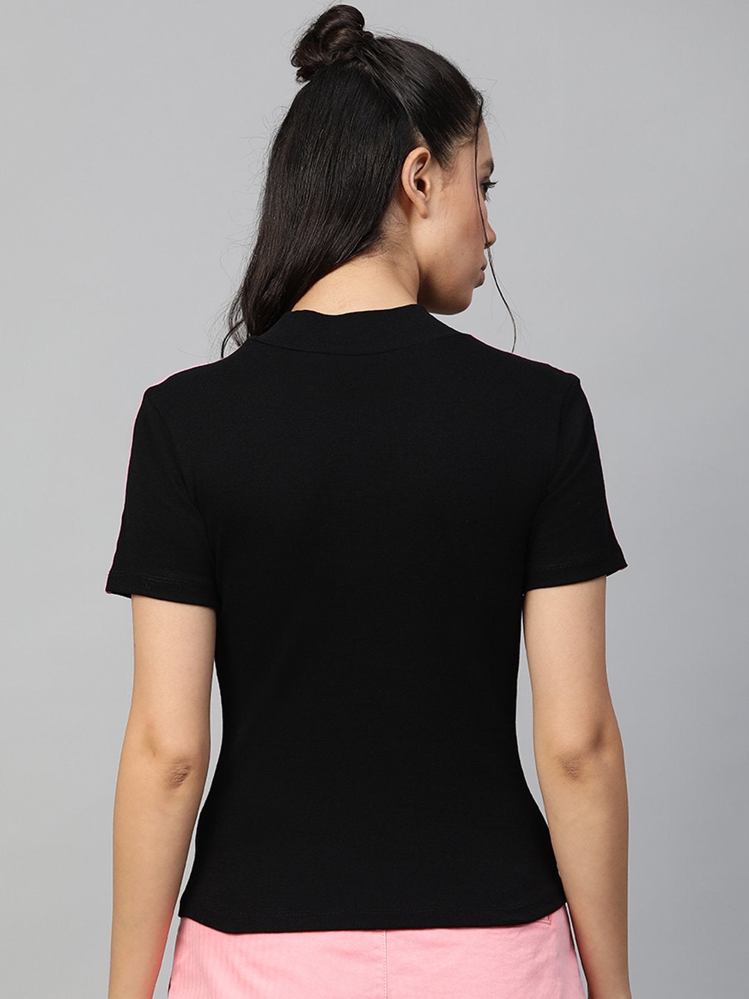 Women's Black Rib High Neck Shoulder Tape Top