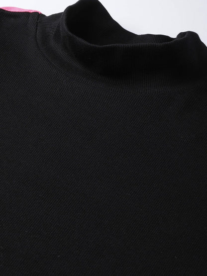Women's Black Rib High Neck Shoulder Tape Top