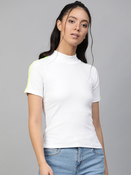 Women's White Rib High Neck Shoulder Tape Top