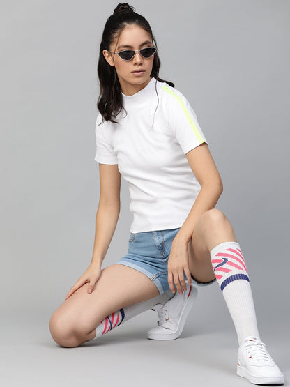 Women's White Rib High Neck Shoulder Tape Top