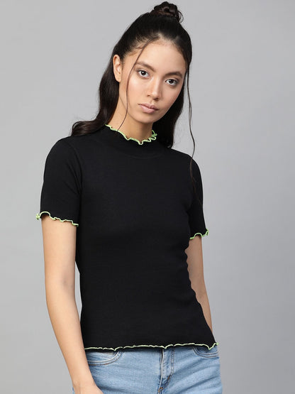Women's Black Rib Contrast Stitch High Neck Top