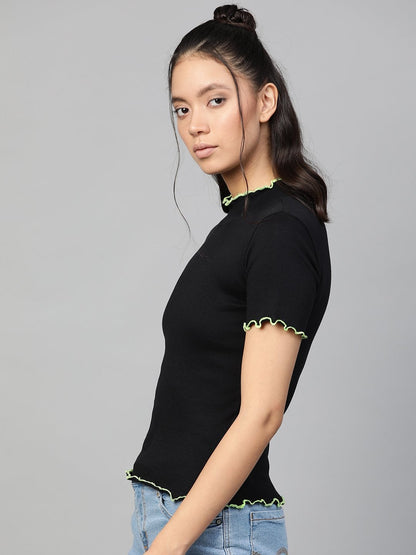 Women's Black Rib Contrast Stitch High Neck Top
