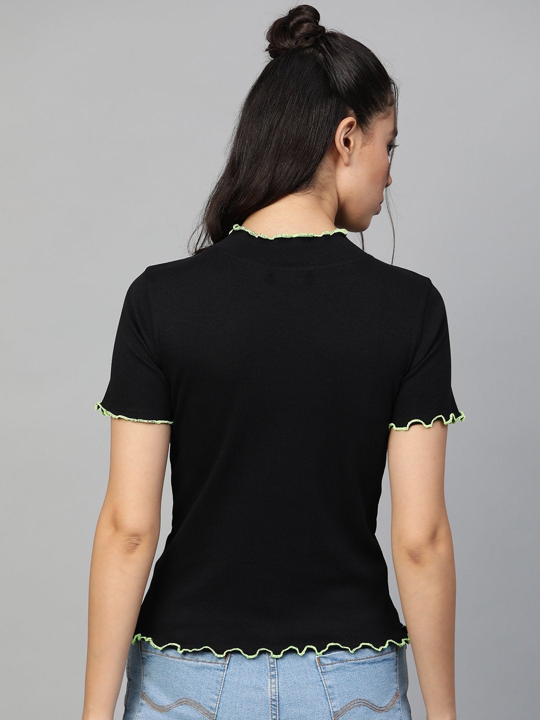 Women's Black Rib Contrast Stitch High Neck Top