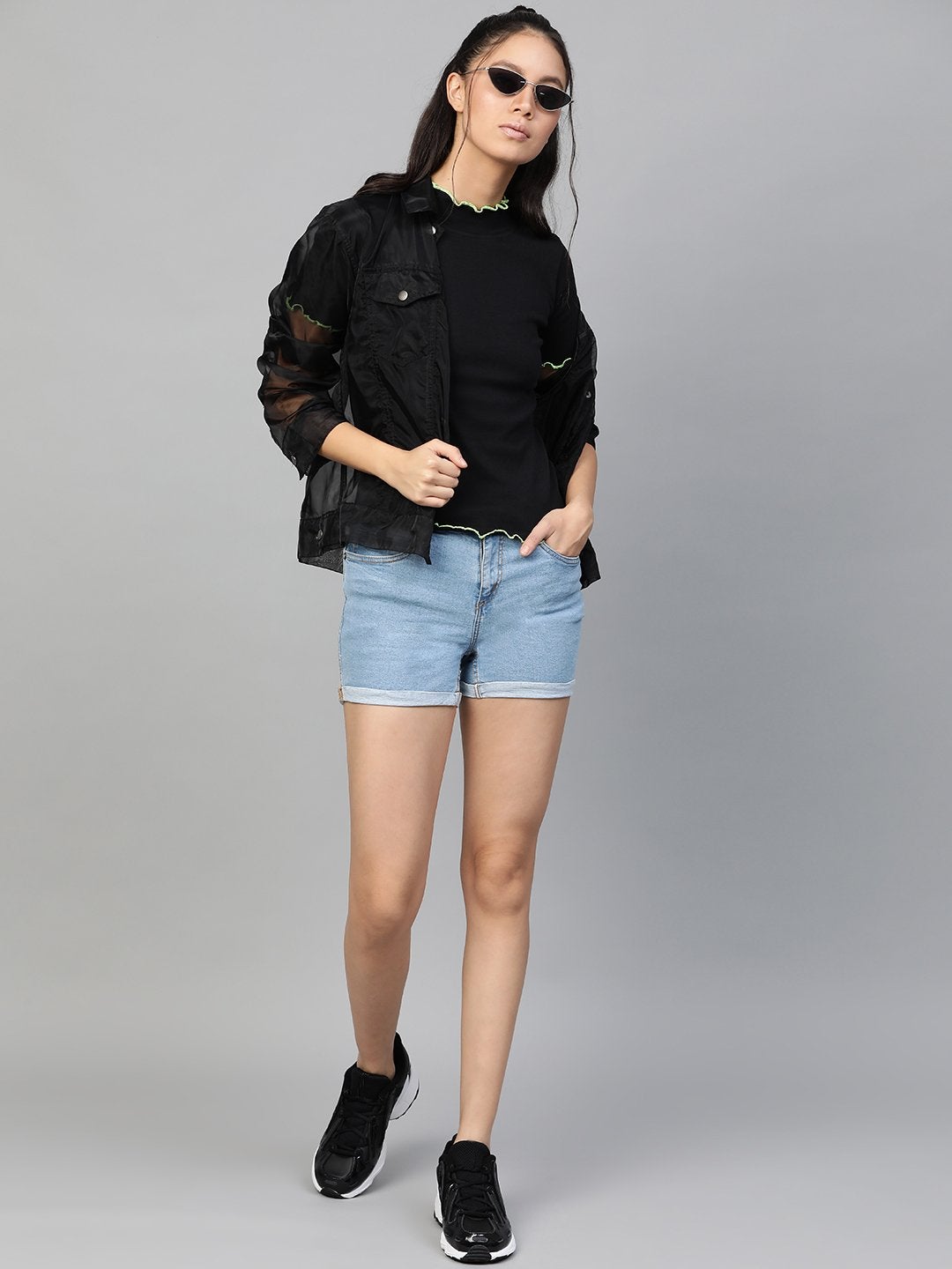 Women's Black Rib Contrast Stitch High Neck Top