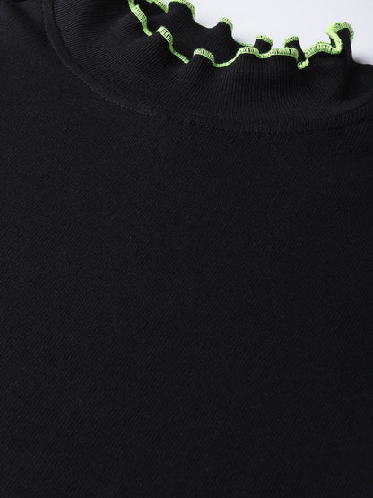 Women's Black Rib Contrast Stitch High Neck Top