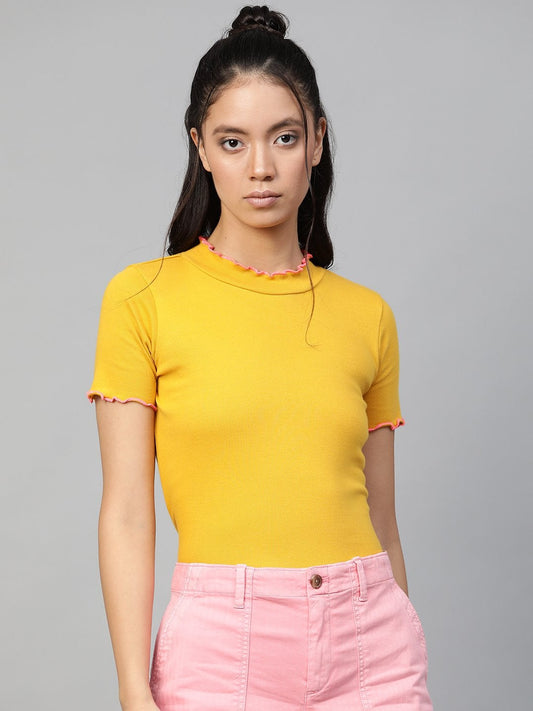 Women's Mustard Rib Contrast Stitch High Neck Top