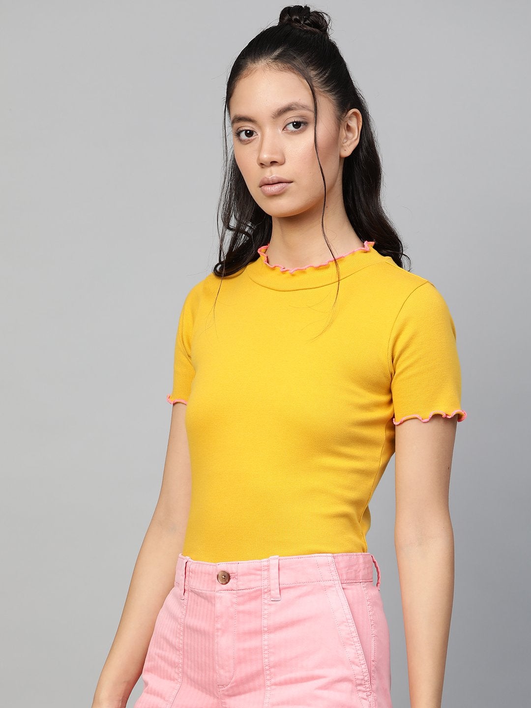 Women's Mustard Rib Contrast Stitch High Neck Top