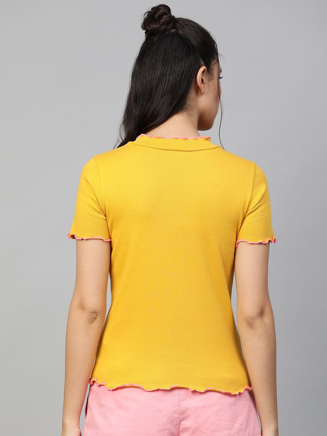 Women's Mustard Rib Contrast Stitch High Neck Top
