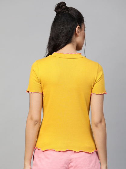 Women's Mustard Rib Contrast Stitch High Neck Top