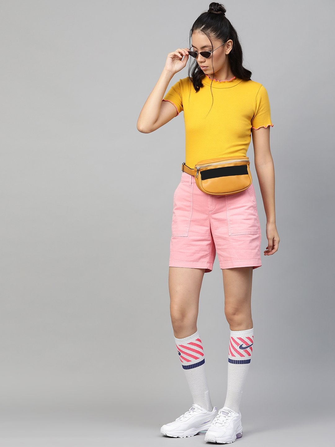 Women's Mustard Rib Contrast Stitch High Neck Top