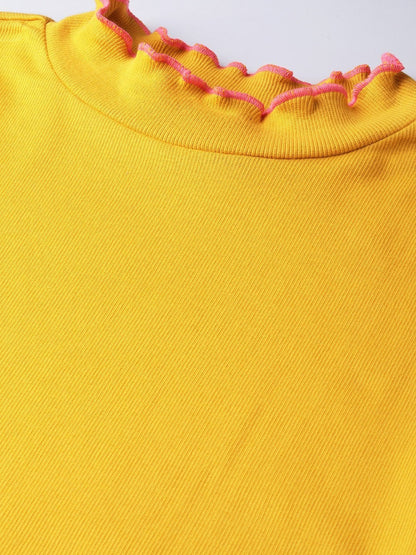 Women's Mustard Rib Contrast Stitch High Neck Top