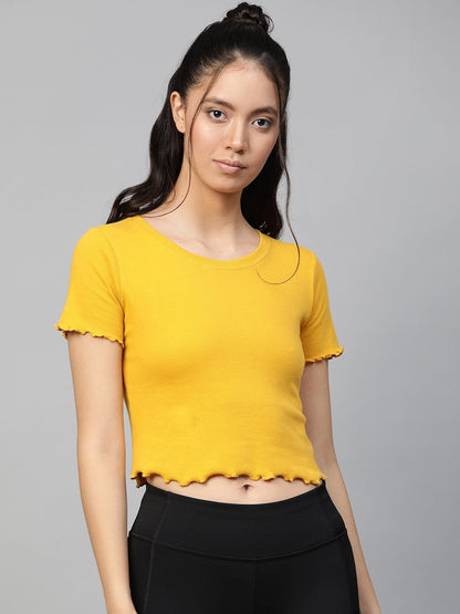 Women's Mustard Rib Round Neck Crop Top