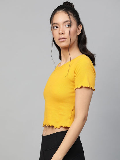 Women's Mustard Rib Round Neck Crop Top