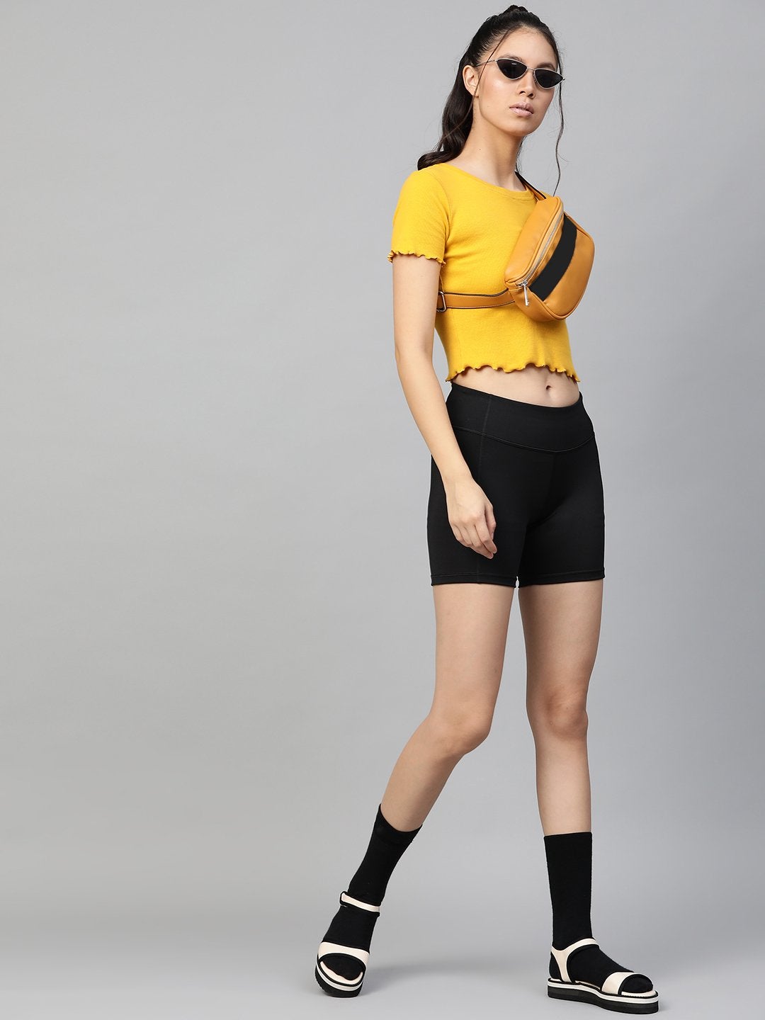 Women's Mustard Rib Round Neck Crop Top