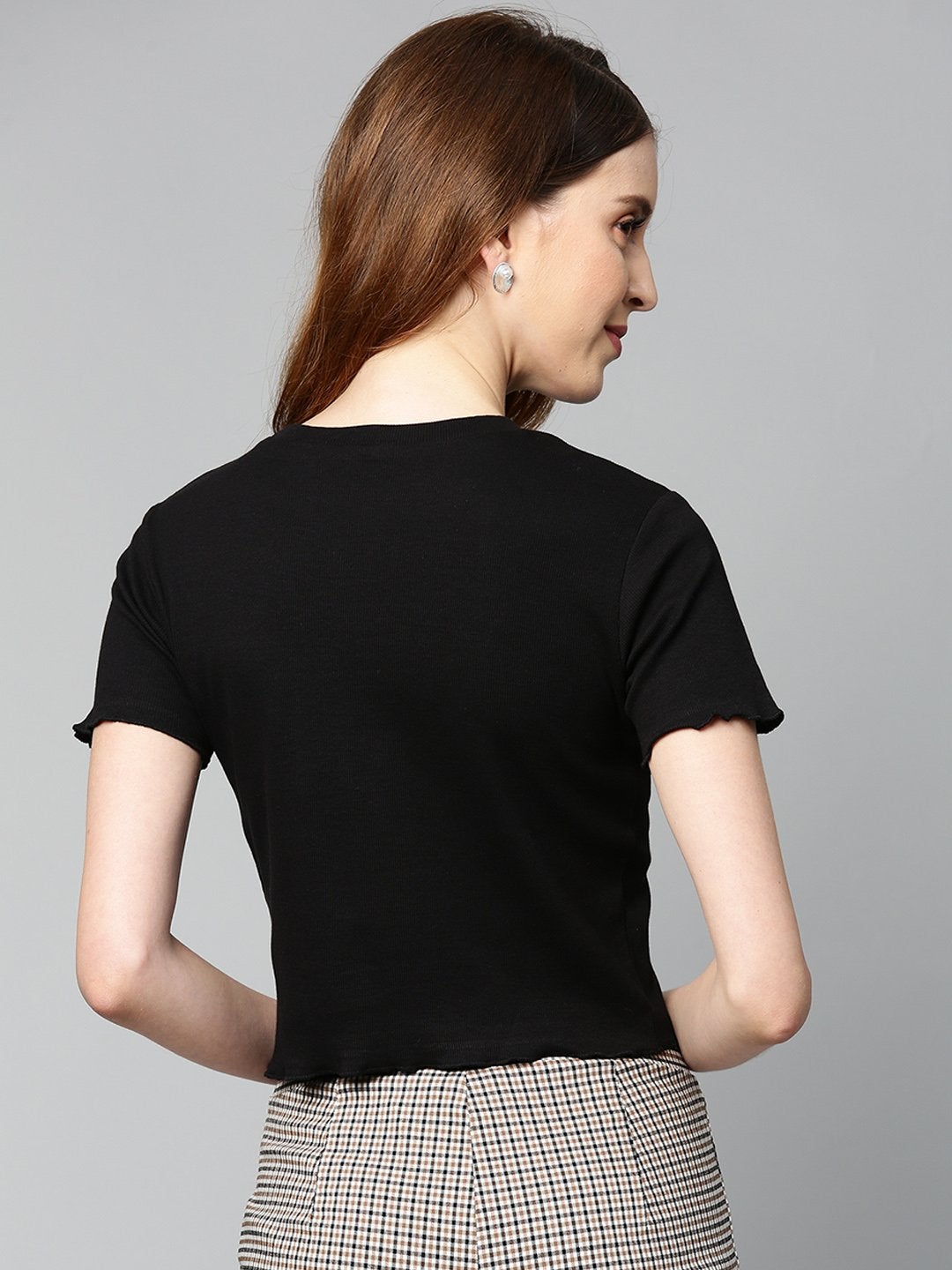 Women's Black Rib Round Neck Crop Top