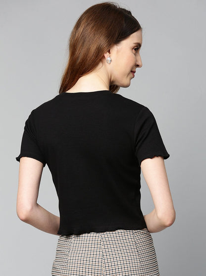 Women's Black Rib Round Neck Crop Top