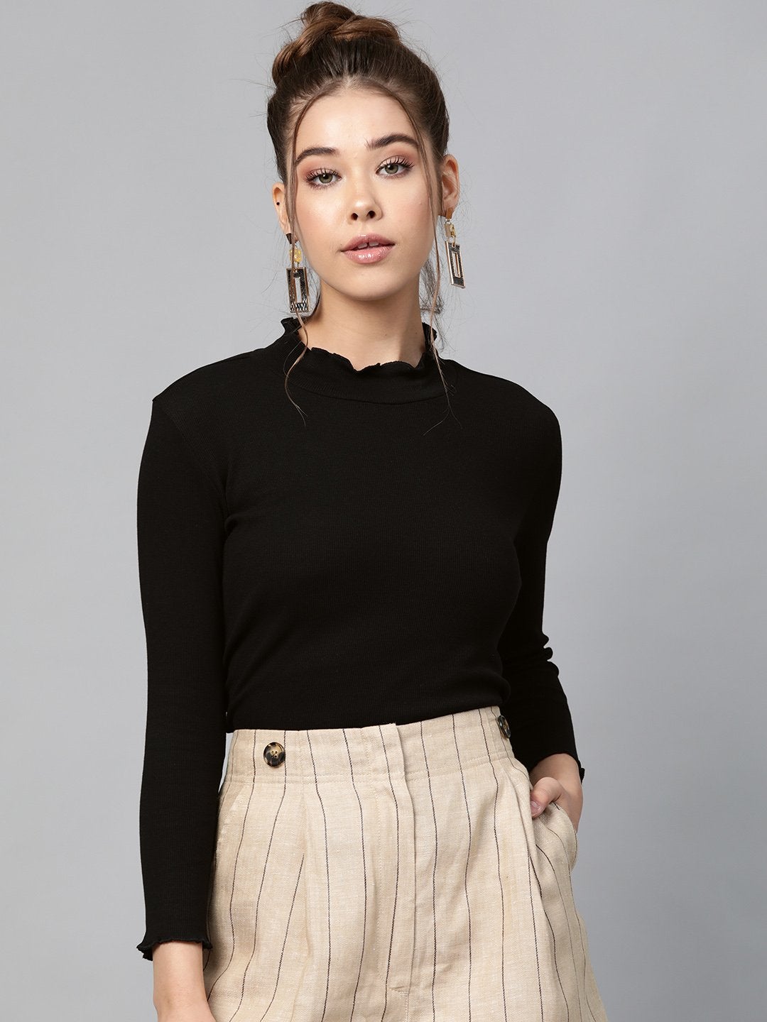 Women's Black Rib High Neck Full Sleeve Top