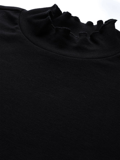 Women's Black Rib High Neck Full Sleeve Top