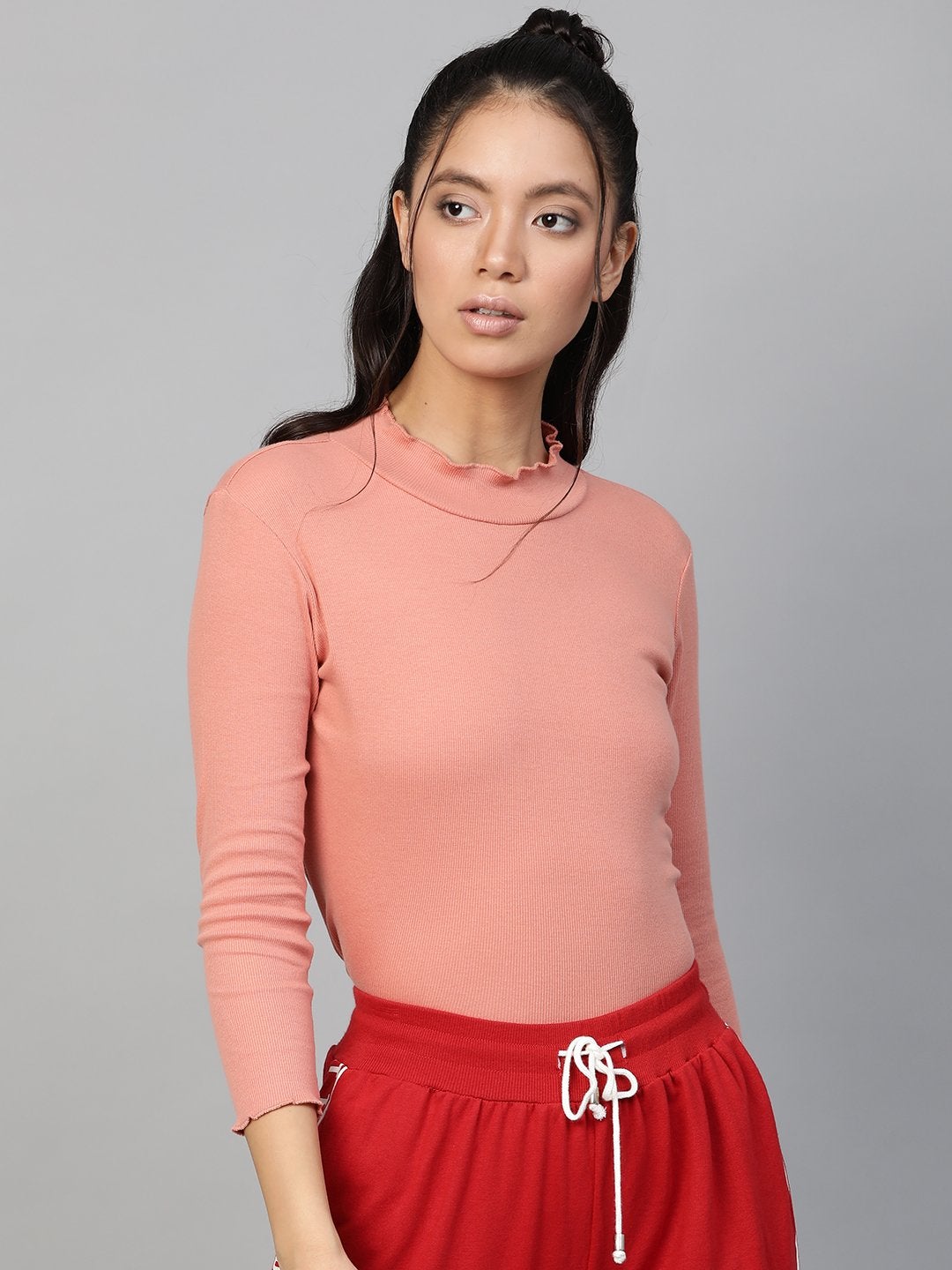Women's Peach Rib High Neck Full Sleeve Top