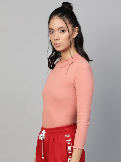 Women's Peach Rib High Neck Full Sleeve Top