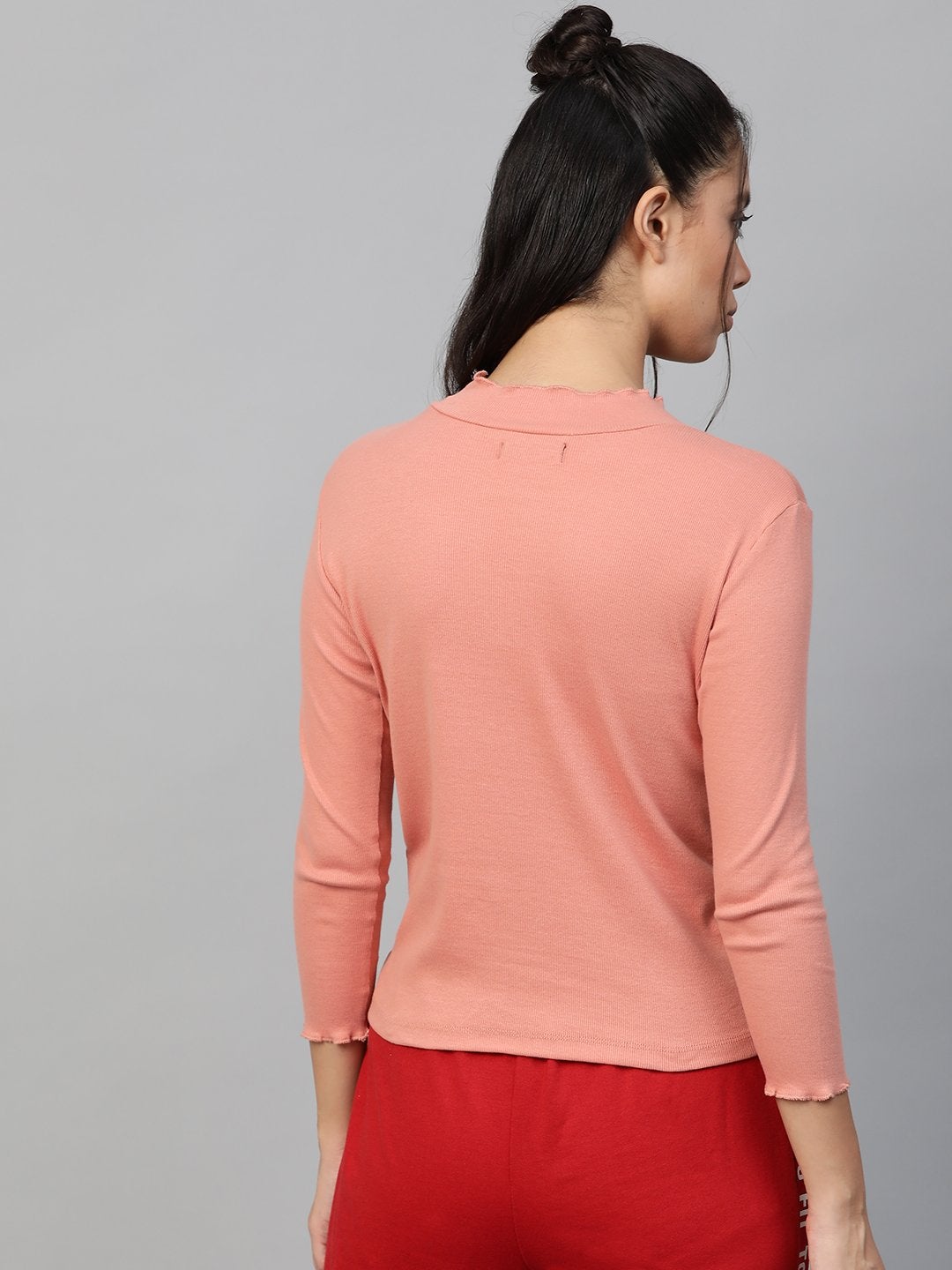 Women's Peach Rib High Neck Full Sleeve Top
